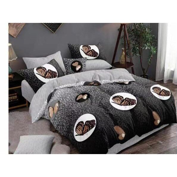 Lenjerie cu elastic de pat dublu, finet, 6 piese, Ralex Pucioasa, Animal Print cu Fluturi