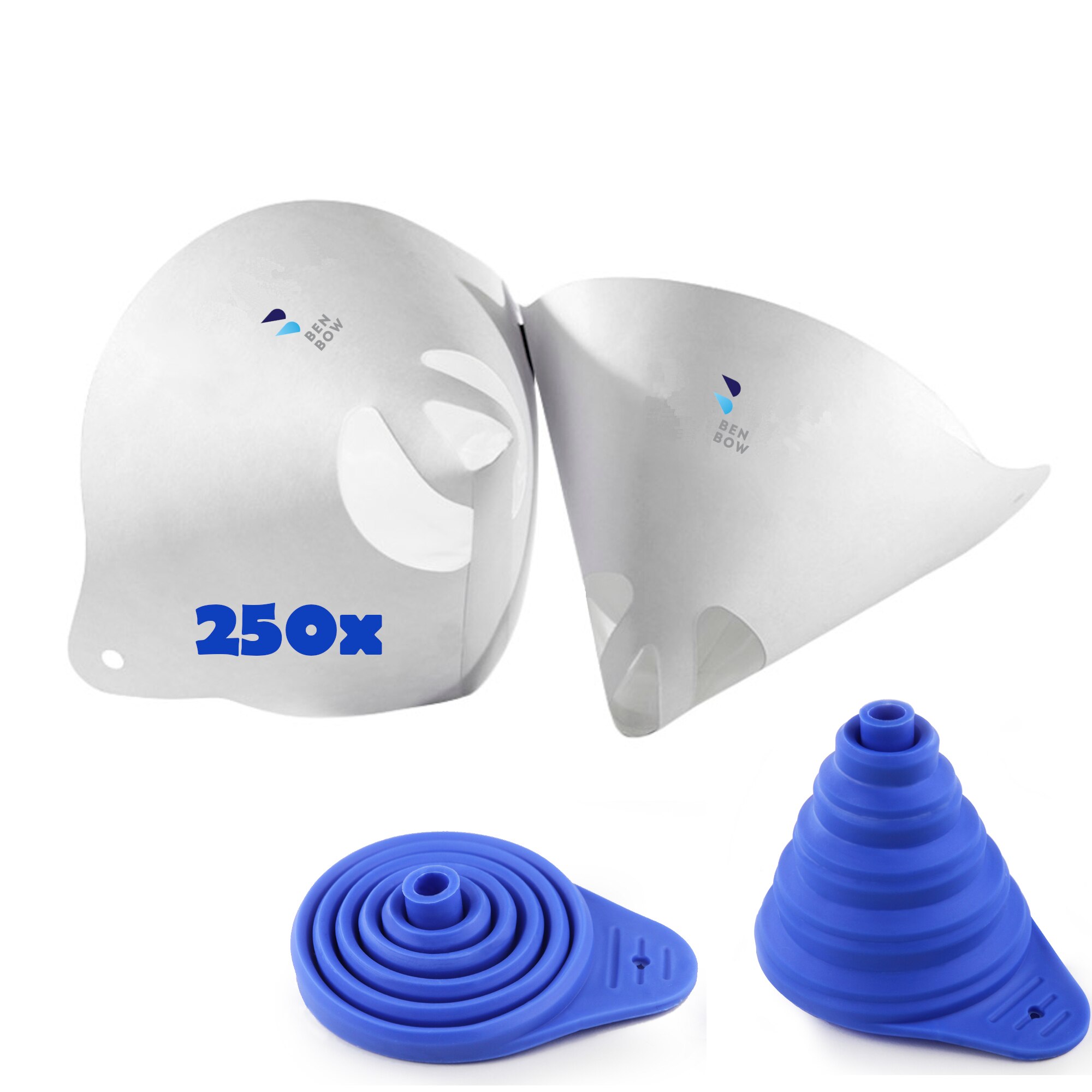 Set 250 filtre vopsea cu palnie din silicon inclusa, BenBow, Alb/Albastru, 125µ