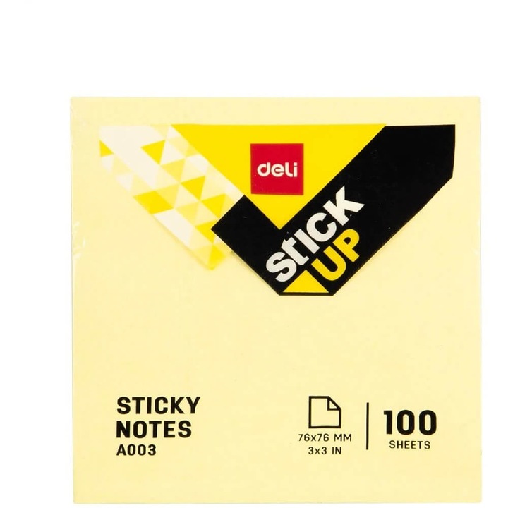 Deli öntapadó matrica-jegyzetek, 100 dosszié / készlet, sárga, 76x76 mm