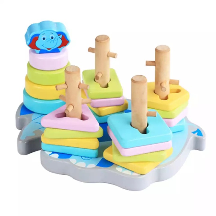 Joc educativ Montessori din lemn, Animal Four Columns Elephant, sortator 4 coloane, Multicolor