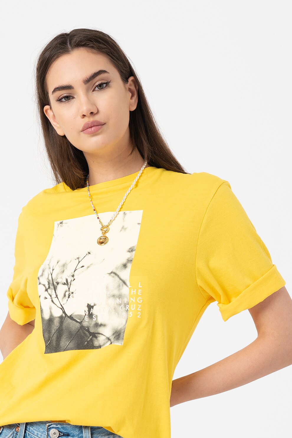 O'Neill, Tricou cu decolteu la baza gatului si imprimeu foto Felines, Galben/Gri
