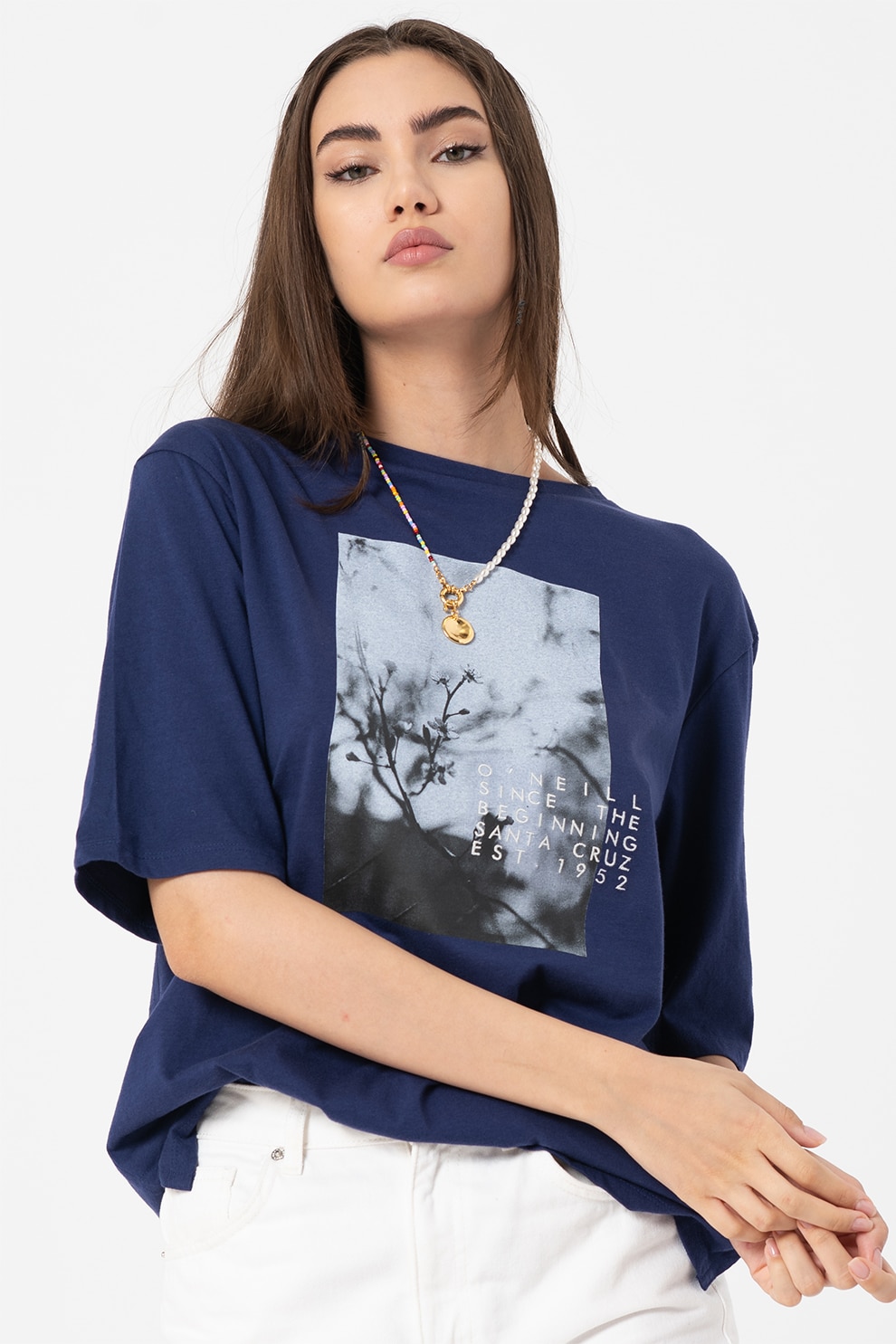 O'Neill, Tricou cu decolteu la baza gatului si imprimeu foto Felines, Bleumarin/Alb/Gri