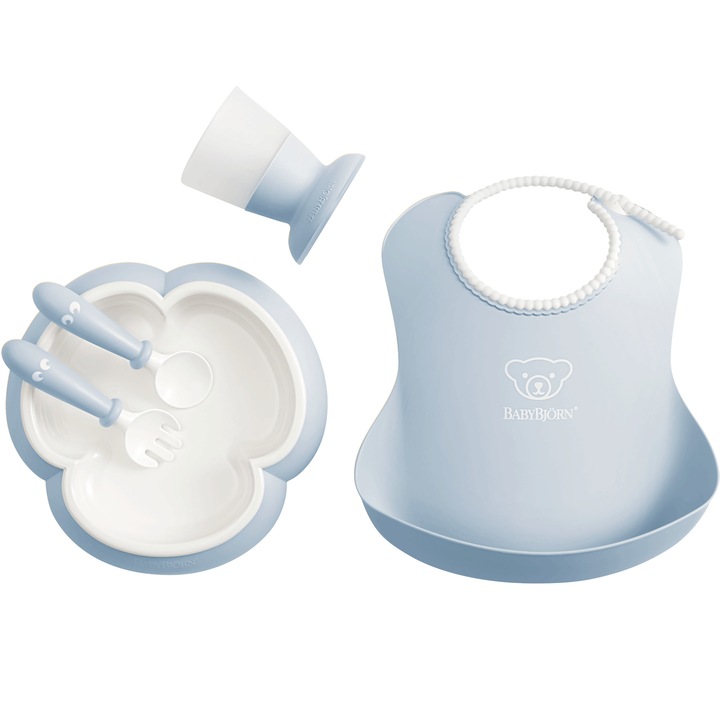 Set hranire: farfurie, lingurita, furculita, pahar si bavetica pentru bebe, Powder Blue, BabyBjorn