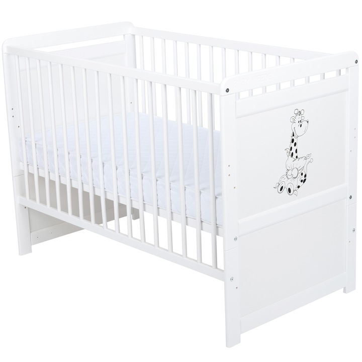 Babyneeds Nadia II Zsiráf Kiságy fából, 120x60 cm, többfunkciós, Fehér
