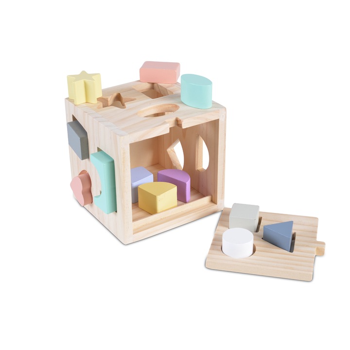 Дървен сортер Moni Toys, Куб 15см 2540, многоцветен, 12 месеца +