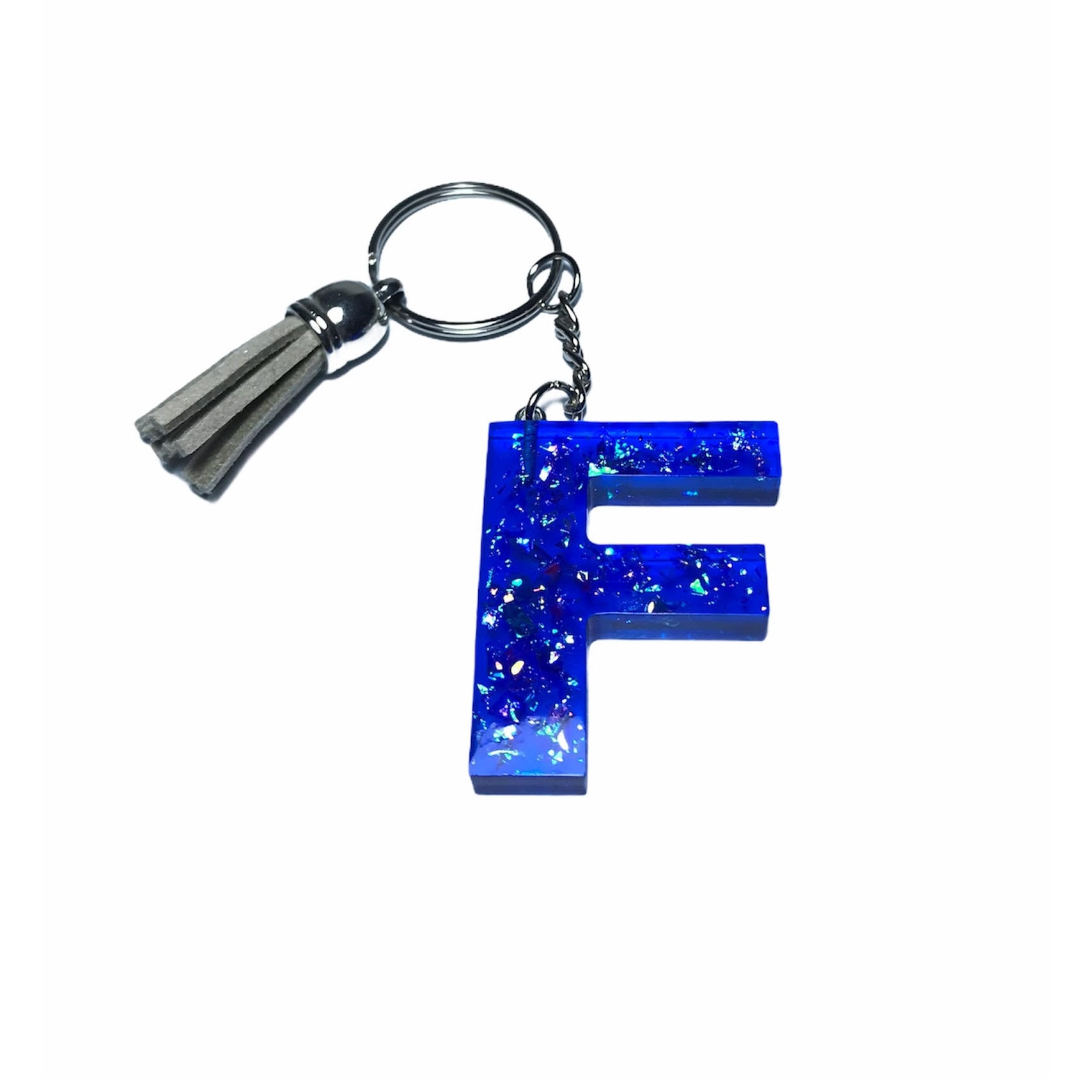 Breloc Gentelo cu initiala F, Handmade din rasina epoxidica Glitter blue, 4 cm