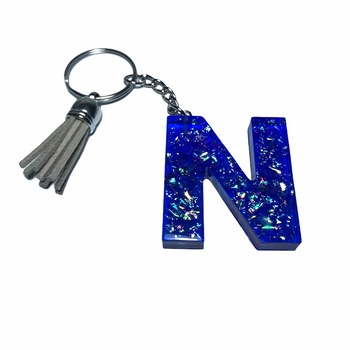 Breloc Gentelo cu initiala N, Handmade din rasina epoxidica Glitter blue, 4 cm Breloc Gentelo cu initiala N, Handmade din rasina epoxidica Glitter blue, 4 cm