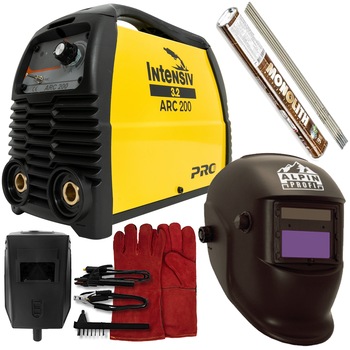 Set Aparat de sudura Intensiv Arc 200 VRD, MMA, 200A, IGBT, Accesorii incluse, cu electrozi, manusi sudura piele si Masca sudura automata Set Aparat de sudura Intensiv Arc 200 VRD, MMA, 200A, IGBT, Accesorii incluse, cu electrozi, manusi sudura piele si Masca sudura automata