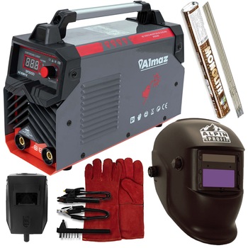 Set Aparat de sudura Almaz AZ-ES012, MMA, 300A, IGBT, Accesorii incluse, cu electrozi, manusi sudura piele si Masca sudura automata Set Aparat de sudura Almaz AZ-ES012, MMA, 300A, IGBT, Accesorii incluse, cu electrozi, manusi sudura piele si Masca sudura automata