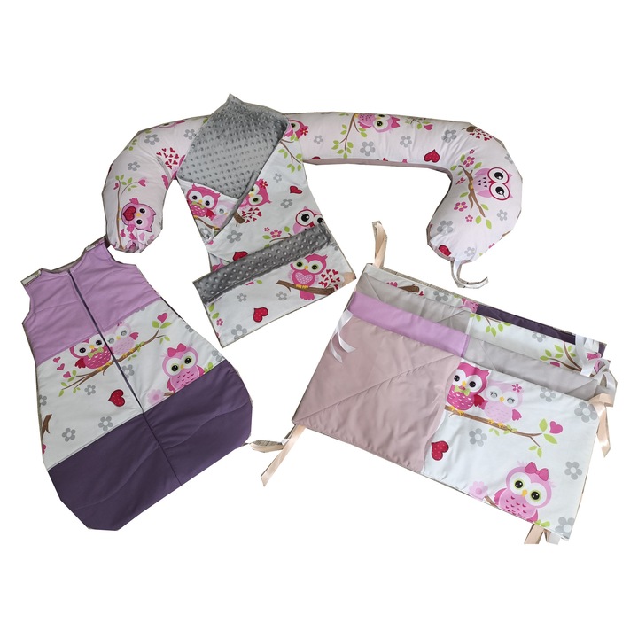 Set complet lenjerie bebelusi din bumbac, cu perna alaptare, marime standard 60x120 cm, Model Bufnita mov, 9 piese