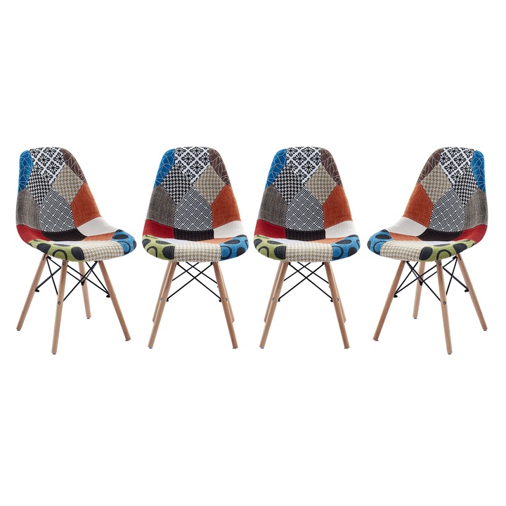 Set 4 scaune dining/bucatarie Kring Kai, Patchwork, lemn/stofa, model Circle, Multicolor