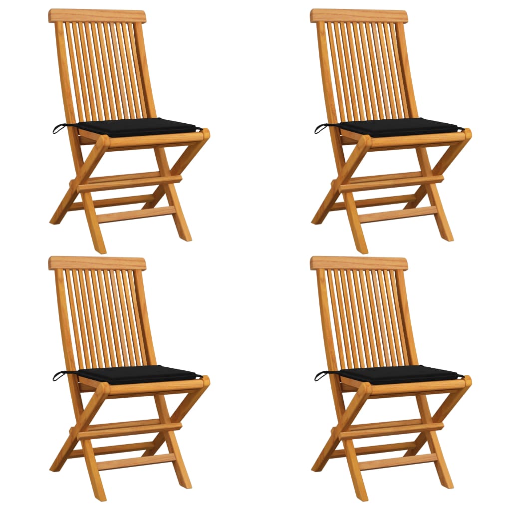 Set de 4 scaune de exterior, cu perne, vidaXL, Lemn de tec/Poliester, 47 x 60 x 89 cm, 4 cm, Maro/Perne negru