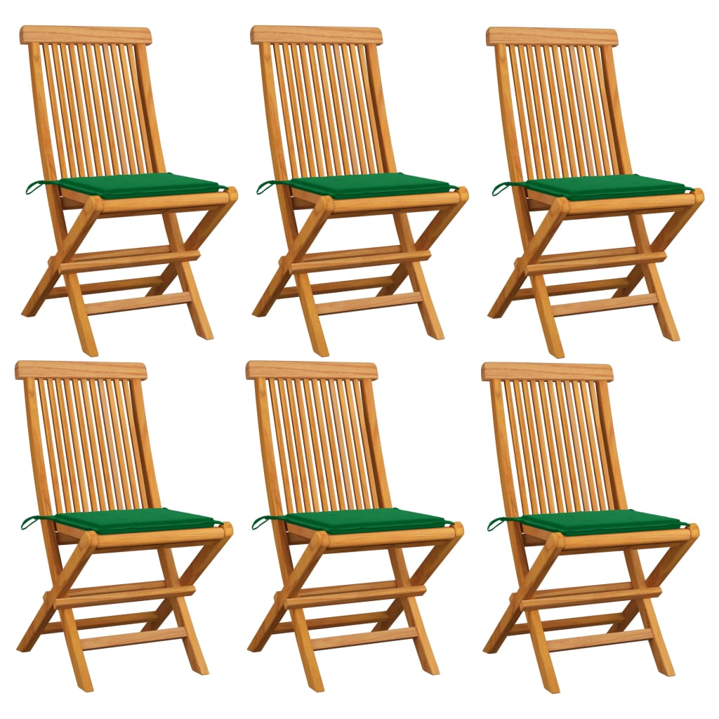 Set Scaune de gradina cu perne, 6 buc, verde, lemn masiv de tec