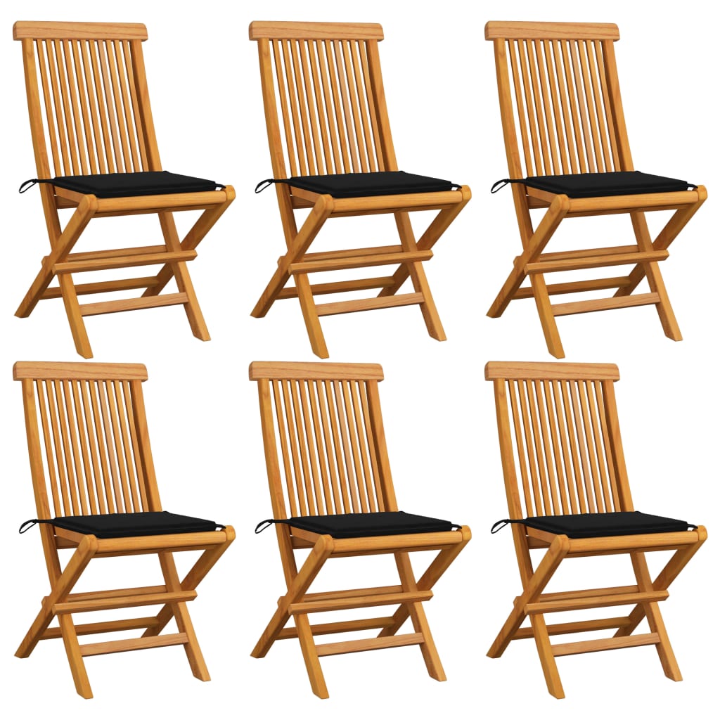 Set Scaune de gradina cu perne, 6 buc, negru, lemn masiv de tec