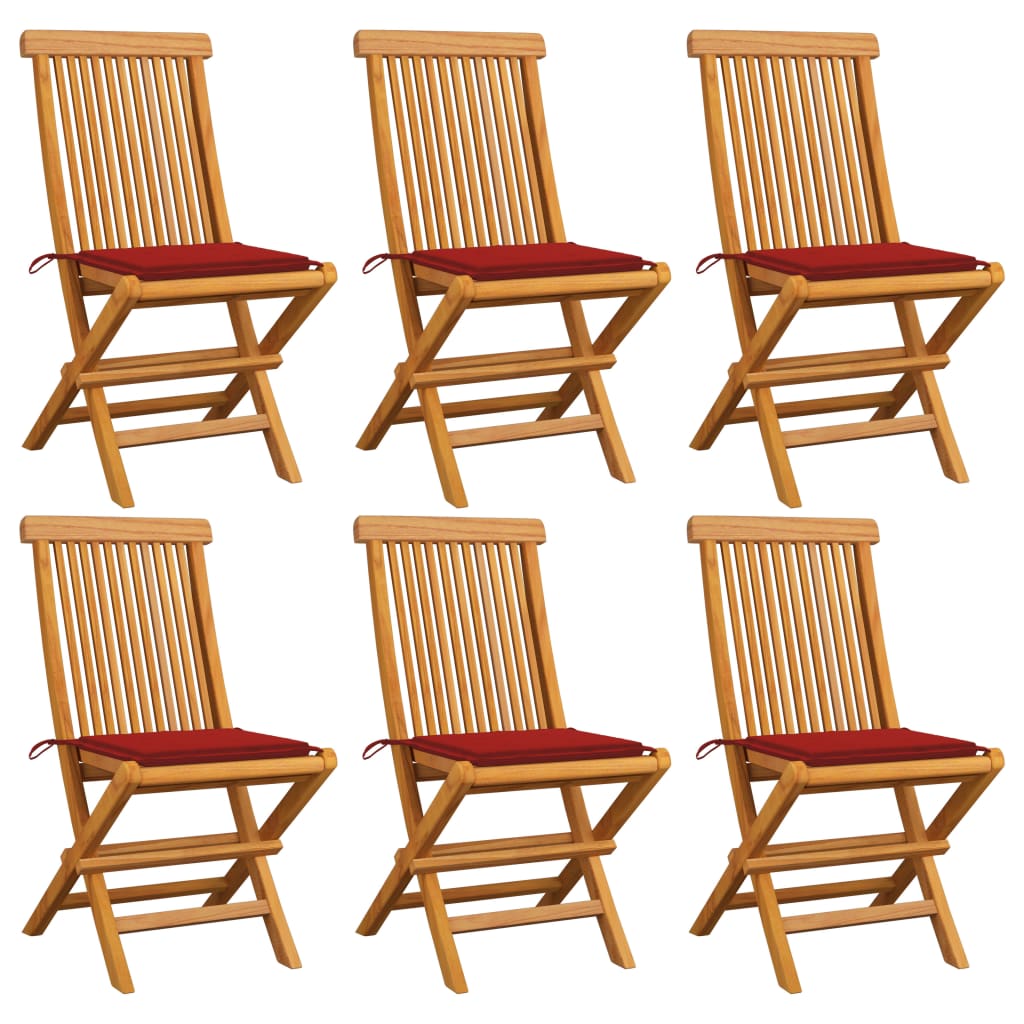 Set Scaune de gradina cu perne, 6 buc, rosu, lemn masiv de tec