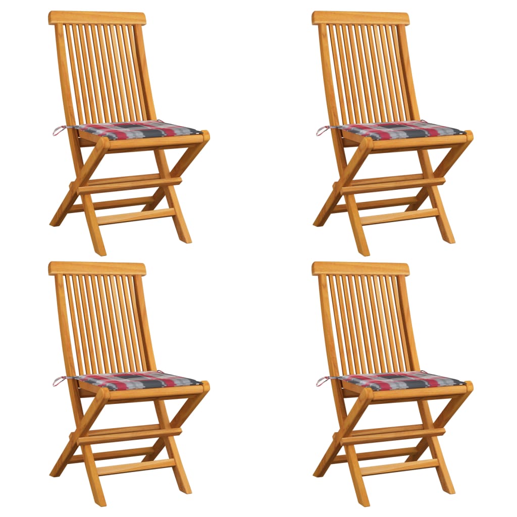 Set de 4 scaune de exterior cu perne cu model cu carouri, vidaXL, Lemn de tec, 47 x 60 x 89 cm, Multicolour