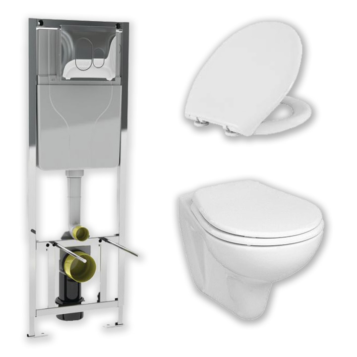SANICA Beépített WC szett (Falba építhető wc tartály + Fali wc mély öblítéssel + Lecsapódás mentes Wc ülőke + Nyomólap) Króm