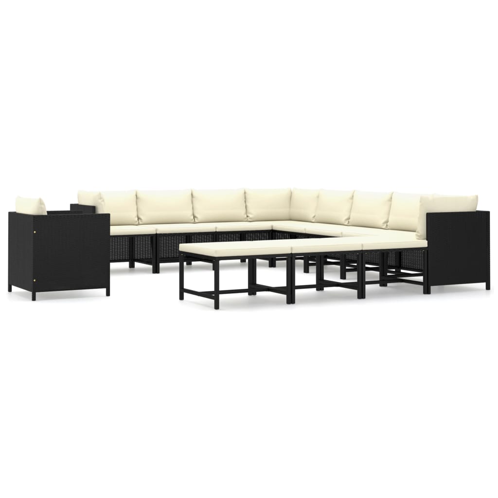 Set mobilier de gradina cu 12 piese cu perne incluse, vidaXL, Poliratan, 60 x 60 x 60 cm, Negru