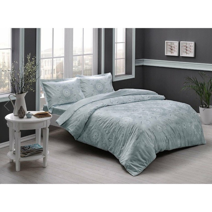 Единичен спален комплект, 100% памучен сатен, TAC, 3 части, Lucca Verde Menta