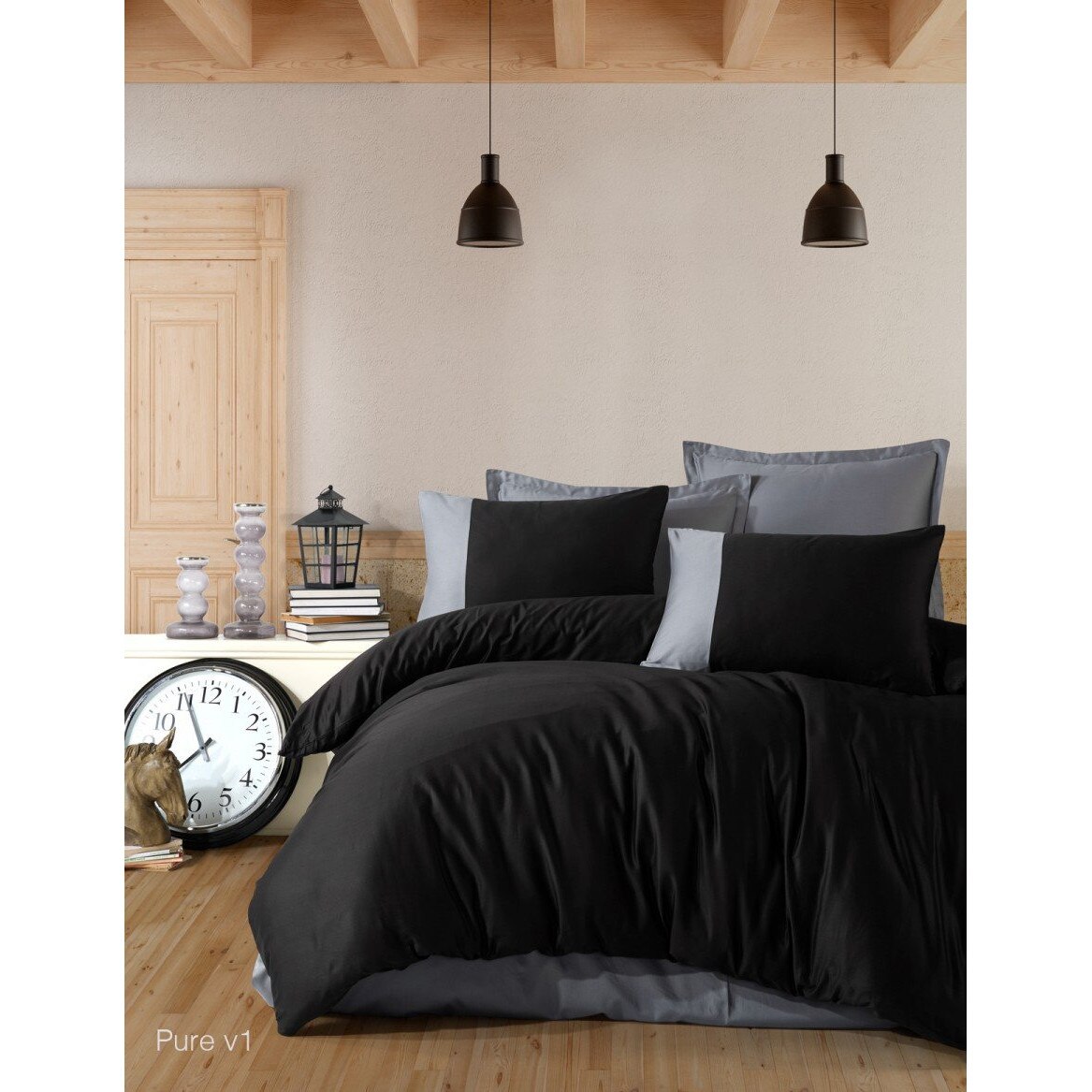 Lenjerie pat dublu bumbac 100% ranforce, 4 piese, 240 x 260 cm, Ralex Pucioasa, Pure V1 Negru/Gri