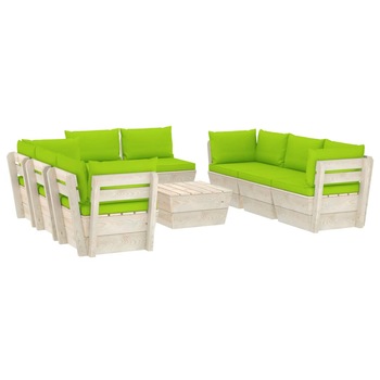 Set mobilier de gradina din paleti cu 8 piese cu perne colorate incluse, vidaXL, Lemn, 60 x 60 x 65 cm, Verde deschis