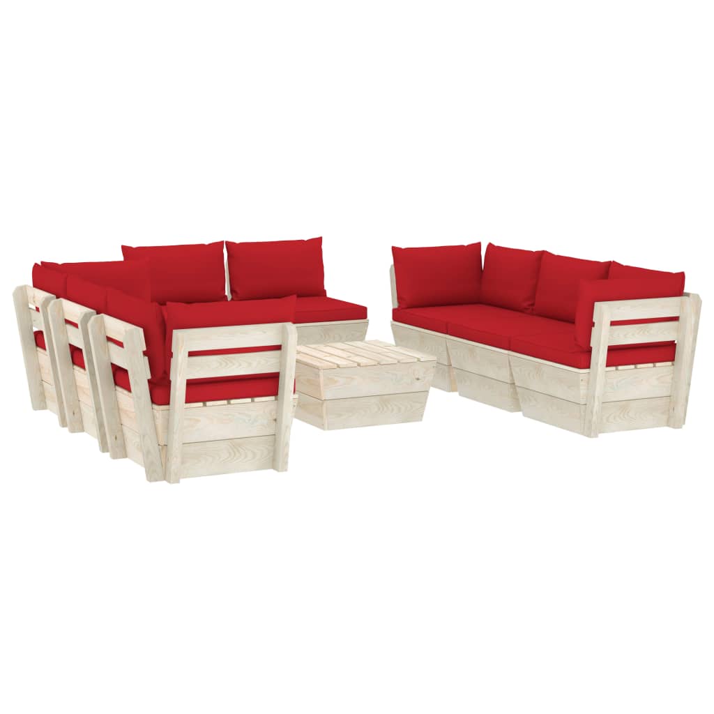 Set mobilier de gradina din paleti cu 9 piese cu perne colorate incluse, vidaXL, Lemn, 60 x 60 x 65 cm, Rosu