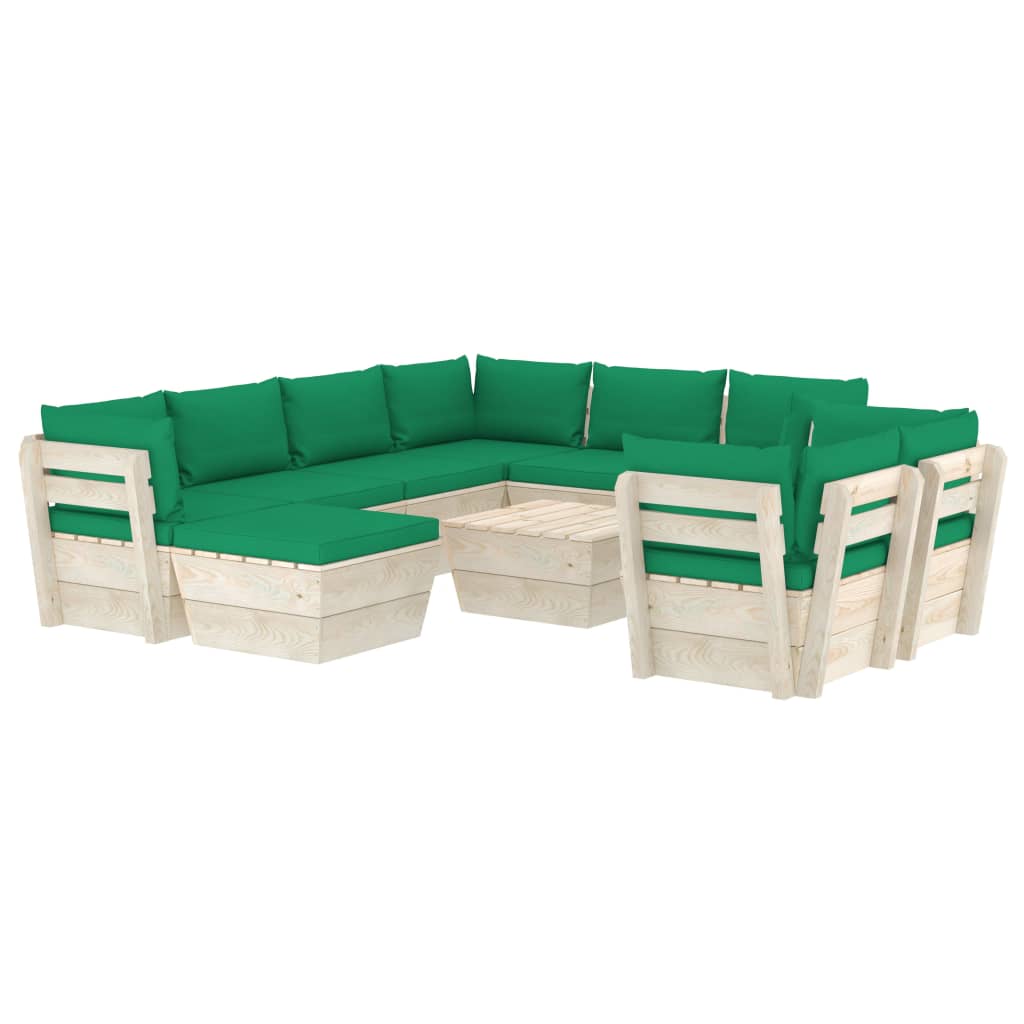Set mobilier de gradina din paleti cu 10 piese cu perne colorate incluse, vidaXL, Lemn, 60 x 60 x 65 cm, Verde