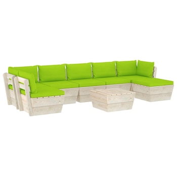 Set mobilier de gradina din paleti cu 1 masa, 1 taburet si 6 canapele cu perne, vidaXL, Lemn, 60 x 60 x 65 cm, Verde deschis