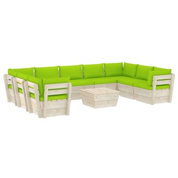 Set mobilier de gradina din paleti cu 1 masa si 9 canapele cu perne, vidaXL, Lemn, 60 x 60 x 65 cm, Verde deschis