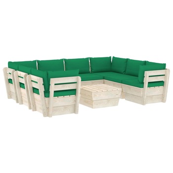 Set mobilier de gradina din paleti cu 1 masa si 8 canapele cu perne, vidaXL, Lemn, 60 x 60 x 65 cm, Verde