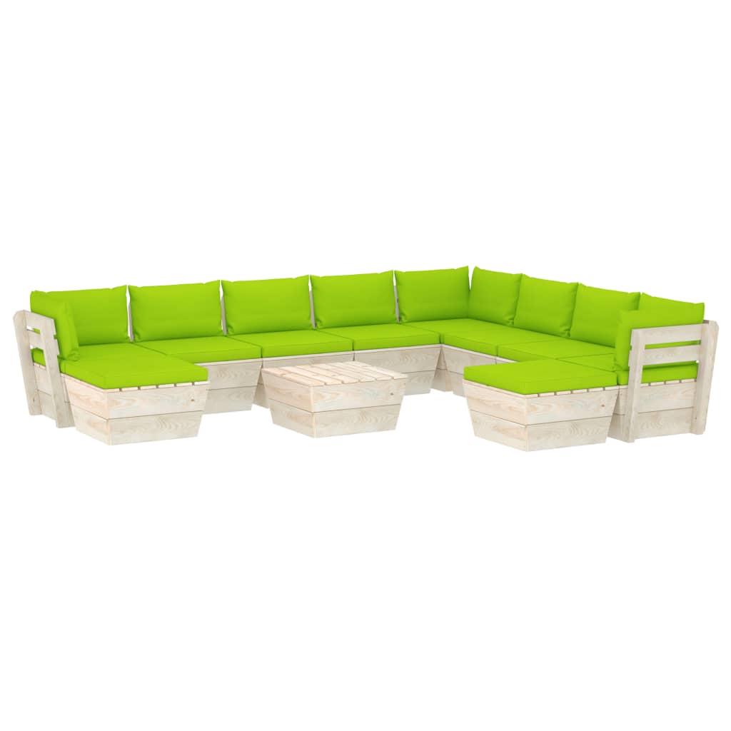 Set mobilier de gradina din paleti cu 11 piese cu perne colorate incluse, vidaXL, Lemn, 60 x 60 x 65 cm, Verde deschis