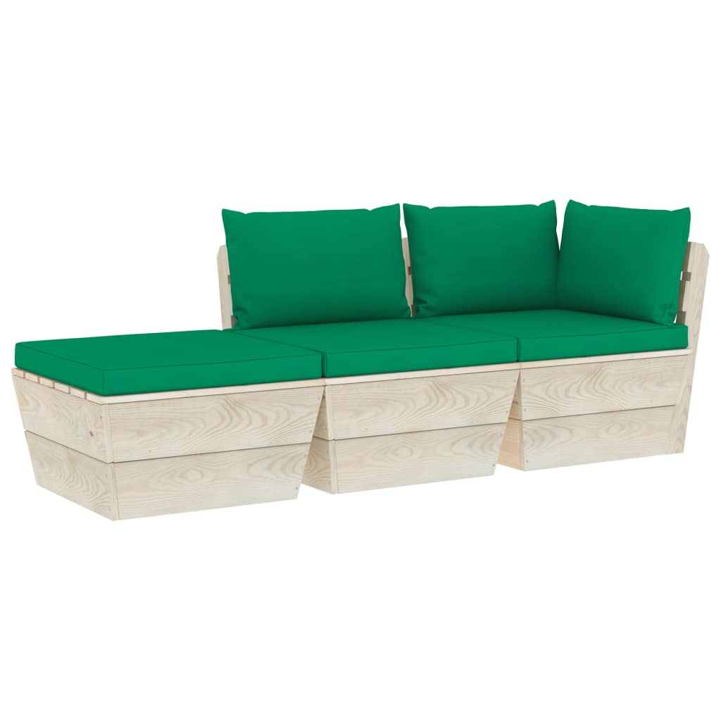 Set mobilier de gradina din paleti cu 3 piese cu spatar cu perne, vidaXL, Lemn, 60 x 60 x 65 cm, Verde