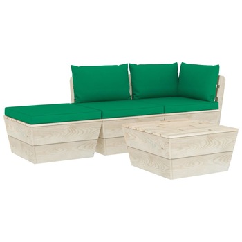 Set mobilier de gradina din paleti cu 4 piese cu perne, vidaXL, Lemn, 60 x 60 x 65 cm, Verde