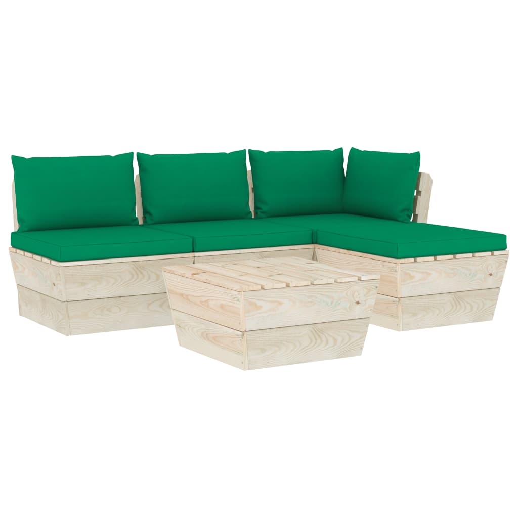 Set mobilier de gradina din paleti cu 5 piese cu perne, vidaXL, Lemn, 60 x 60 x 65 cm, Verde