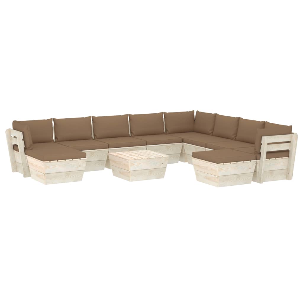 Set mobilier de gradina din paleti cu 11 piese cu perne colorate incluse, vidaXL, Lemn, 60 x 60 x 65 cm, Maro-taupe