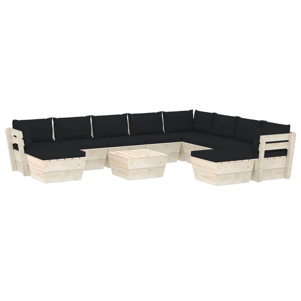 Set mobilier de gradina din paleti cu 11 piese cu perne colorate incluse, vidaXL, Lemn, 60 x 60 x 65 cm, Negru