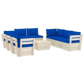 Set mobilier de gradina din paleti cu 8 piese cu perne colorate incluse, vidaXL, Lemn, 60 x 60 x 65 cm, Albastru