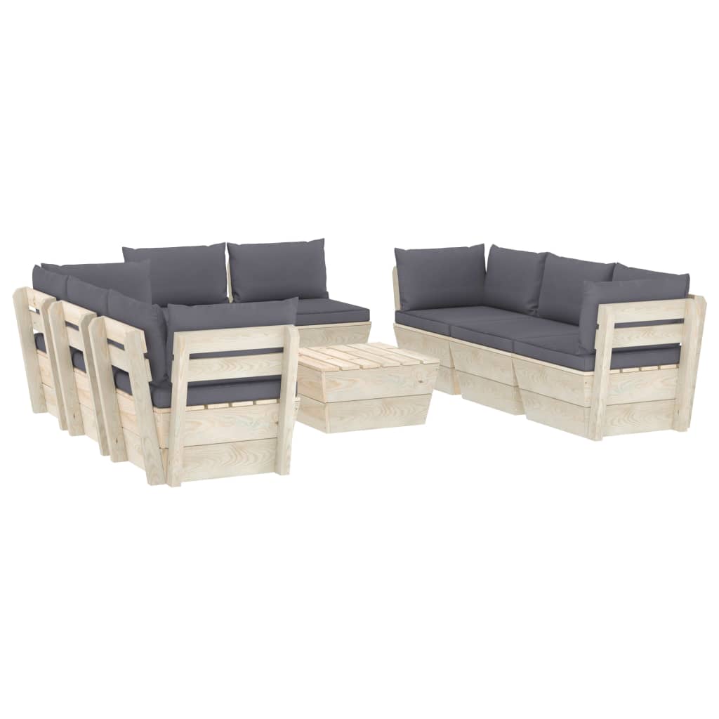 Set mobilier de gradina din paleti cu 9 piese cu perne colorate incluse, vidaXL, Lemn, 60 x 60 x 65 cm, Antracit