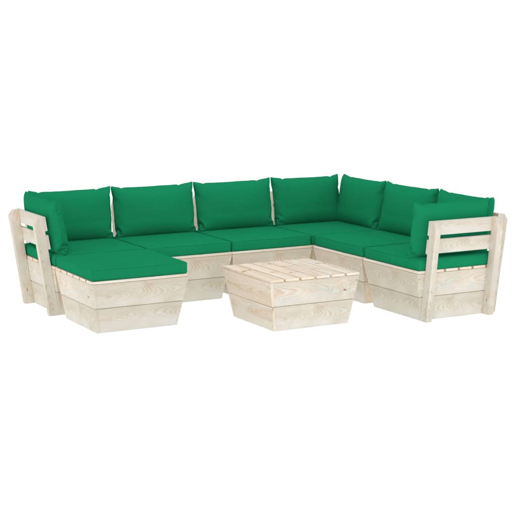 Set mobilier de gradina din paleti cu 8 piese cu perne colorate incluse, vidaXL, Lemn, 60 x 60 x 65 cm, Verde