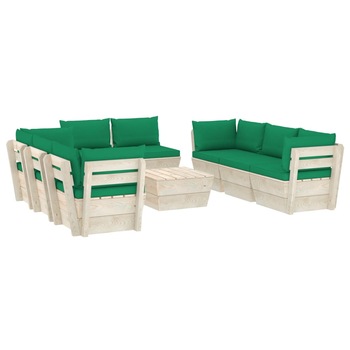 Set mobilier de gradina din paleti cu 9 piese cu perne colorate incluse, vidaXL, Lemn, 60 x 60 x 65 cm, Verde