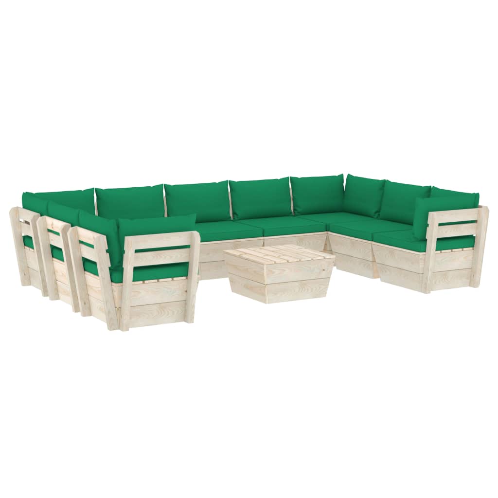 Set mobilier de gradina din paleti cu 1 masa si 9 canapele cu perne, vidaXL, Lemn, 60 x 60 x 65 cm, Verde