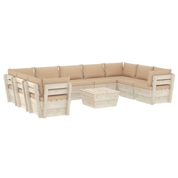 Set mobilier de gradina din paleti cu 1 masa si 9 canapele cu perne, vidaXL, Lemn, 60 x 60 x 65 cm, Bej
