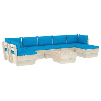 Set mobilier de gradina din paleti cu 1 masa, 1 taburet si 6 canapele cu perne, vidaXL, Lemn, 60 x 60 x 65 cm, Albastru deschis