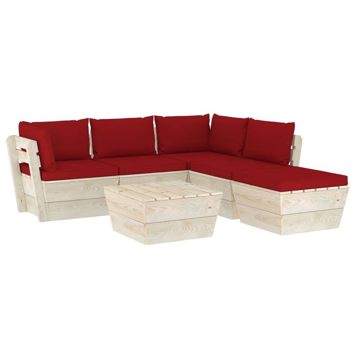 Set mobilier de gradina din paleti cu 1 masa, 1 taburet si 4 canapele cu perne, vidaXL, Lemn, 60 x 60 x 65 cm, Rosu vin
