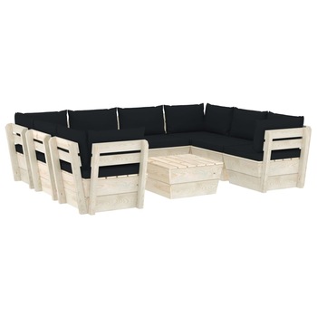 Set mobilier de gradina din paleti cu 1 masa si 8 canapele cu perne, vidaXL, Lemn, 60 x 60 x 65 cm, Negru