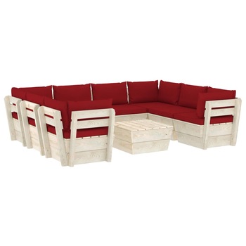 Set mobilier de gradina din paleti cu 1 masa si 8 canapele cu perne, vidaXL, Lemn, 60 x 60 x 65 cm, Rosu vin