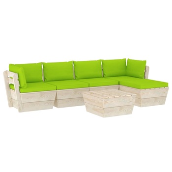 Set mobilier de gradina din paleti cu 1 masa, 1 taburet si 4 canapele cu spatar cu perne, vidaXL, Lemn, 60 x 60 x 65 cm, Verde deschis Set mobilier de gradina din paleti cu 1 masa, 1 taburet si 4 canapele cu spatar cu perne, vidaXL, Lemn, 60 x 60 x 65 cm, Verde deschis