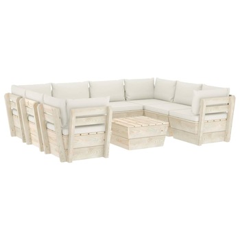 Set mobilier de gradina din paleti cu 1 masa si 8 canapele cu perne, vidaXL, Lemn, 60 x 60 x 65 cm, Crem