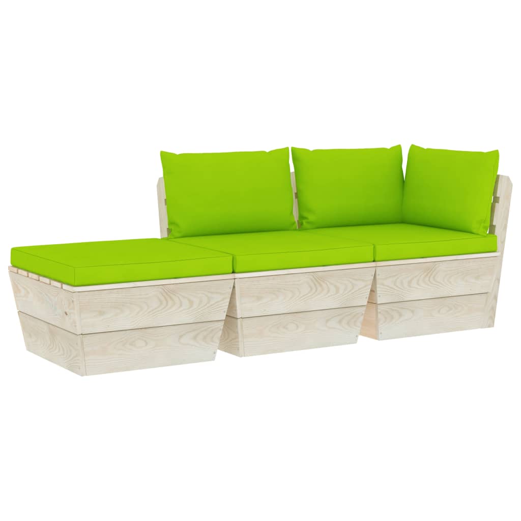 Set mobilier de gradina din paleti cu 3 piese cu spatar cu perne, vidaXL, Lemn, 60 x 60 x 65 cm, Verde deschis