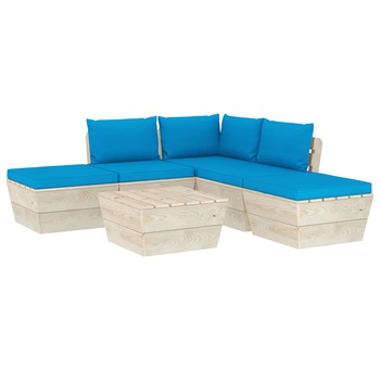 Set mobilier de gradina din paleti cu 1 masa, 2 tabureti si 3 canapele cu perne, vidaXL, Lemn, 60 x 60 x 65 cm, Albastru deschis Set mobilier de gradina din paleti cu 1 masa, 2 tabureti si 3 canapele cu perne, vidaXL, Lemn, 60 x 60 x 65 cm, Albastru deschis